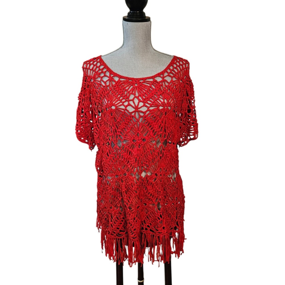 Chico's Red Crochet Open‎ Knit Fringe Hem Boho Top Size 3/XL Festival Coastal